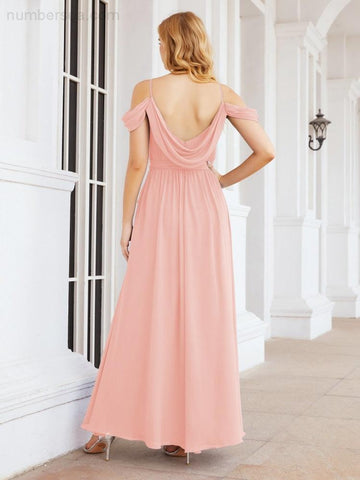 Numbersea Off The Shoulder Chiffon Bridesmaid Dress Long Formal Graduation Gown with Cowl Back 28069
