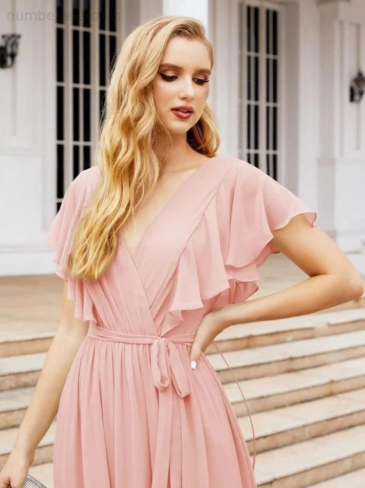 Numbersea Women's Open Back Formal Evening Party Prom Gowns V-Neck Long Chiffon Bridesmaid Dresses with Waist Belt 28038 by numbersea