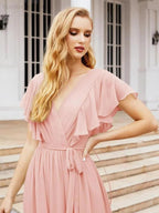 Numbersea Women's Open Back Formal Evening Party Prom Gowns V-Neck Long Chiffon Bridesmaid Dresses with Waist Belt 28038 by numbersea