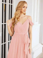 Numbersea Off The Shoulder Chiffon Bridesmaid Dress Long Formal Graduation Gown with Cowl Back 28069 by numbersea