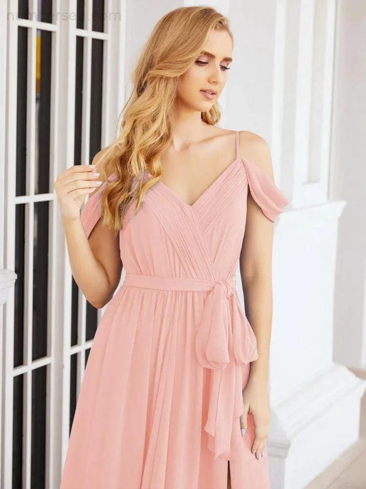 Numbersea Off The Shoulder Chiffon Bridesmaid Dress Long Formal Graduation Gown with Cowl Back 28069 by numbersea