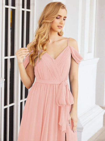 Numbersea Off The Shoulder Chiffon Bridesmaid Dress Long Formal Graduation Gown with Cowl Back 28069