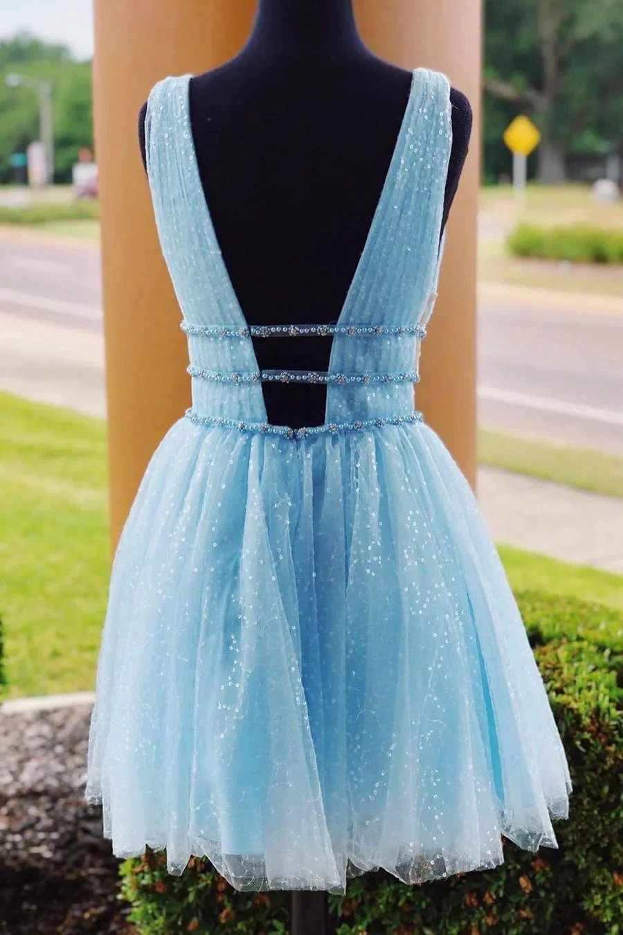 Sparkly Beading Sky Blue Short Prom Dresses Sequins Homecoming Dresses by Ombreprom