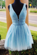 Sparkly Beading Sky Blue Short Prom Dresses Sequins Homecoming Dresses by Ombreprom