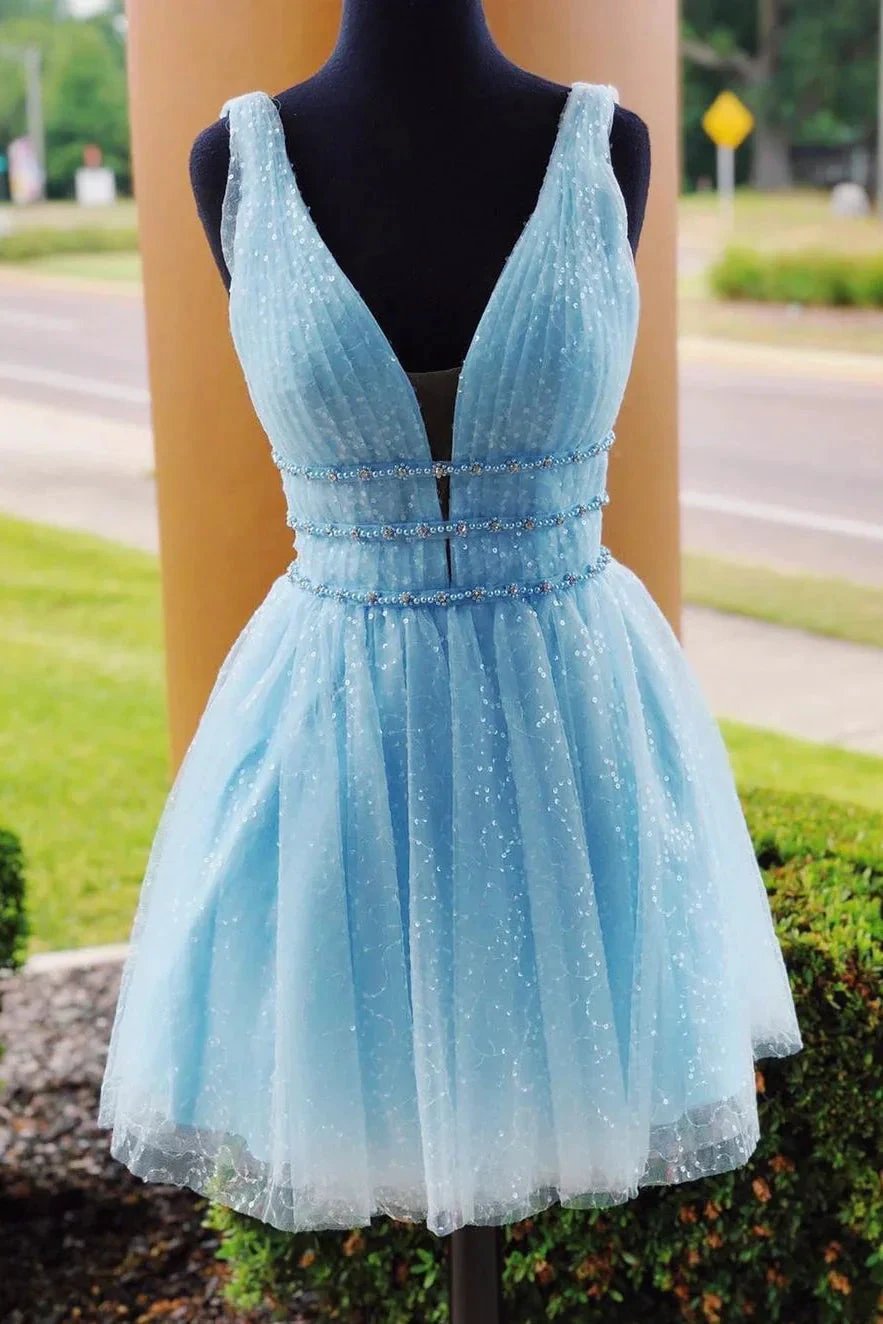 Sparkly Beading Sky Blue Short Prom Dresses Sequins Homecoming Dresses by Ombreprom