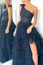 Kinsley | A Line One Shoulder Tiered Long Prom Dress by KissProm