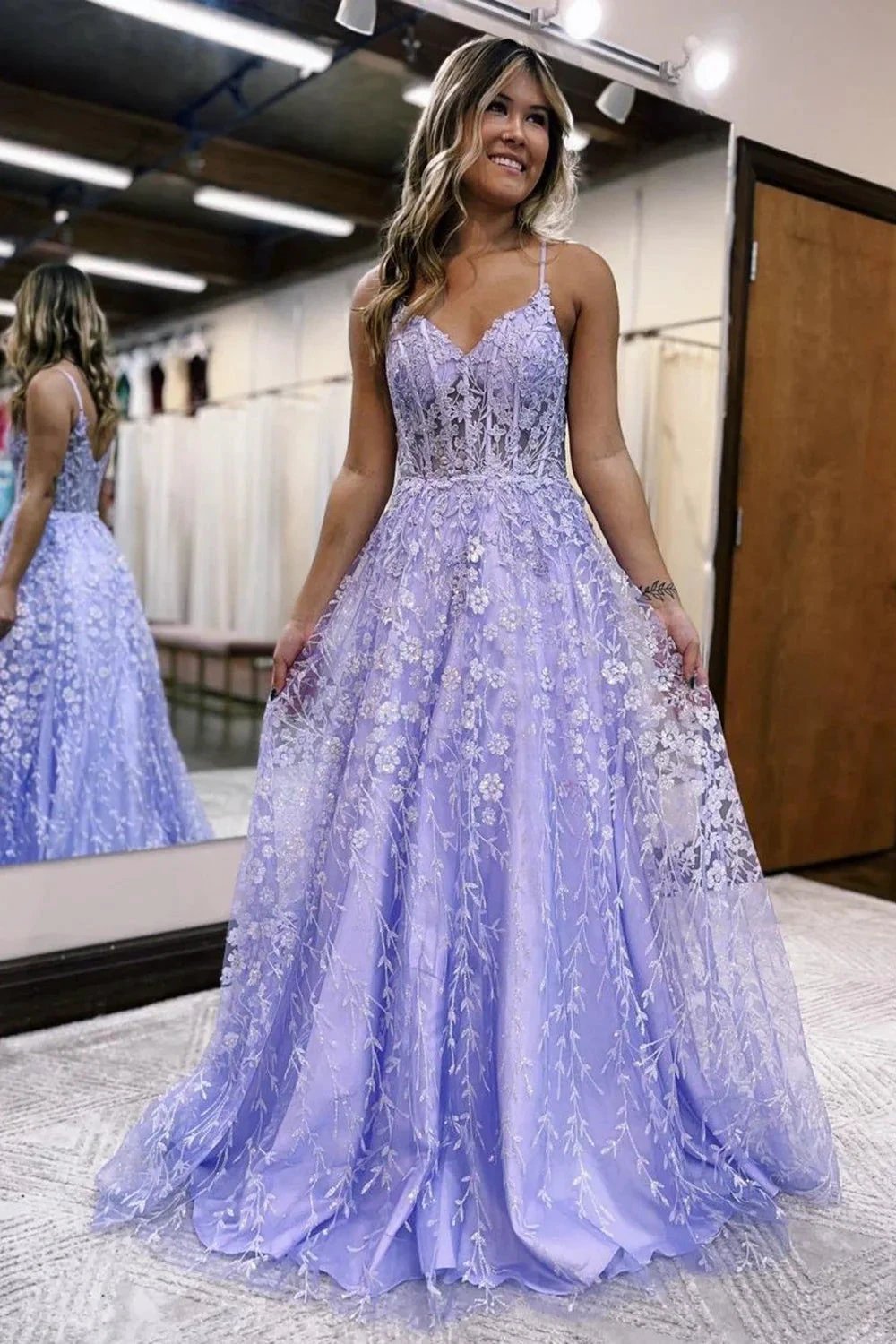A Line Spaghetti Straps Lilac Corset Prom Dress with Appliques by KissProm