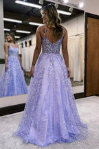 A Line Spaghetti Straps Lilac Corset Prom Dress with Appliques by KissProm