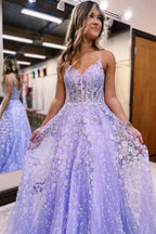 A Line Spaghetti Straps Lilac Corset Prom Dress with Appliques by KissProm