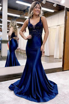 Leila |Mermaid Deep V Neck Satin Long Prom Dress with Appliques by KissProm