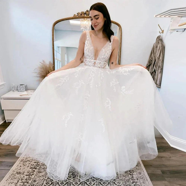 Pastrol Wedding Dresses V-neck Backless Tulle For Women 2023 Bride A-LINE Appliques Vestidos De Novia Made To Order by payinti