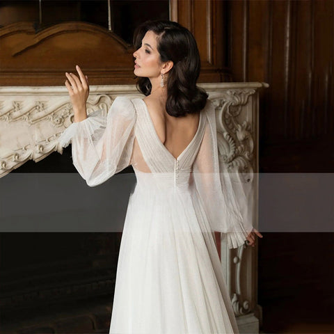 Elegant Glitter Tulle Deep V-Neck Wedding Dresses Princess Shiny Lantern Sleeves Backless A-Line Pleated Bridal Gowns