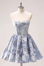 Cute Blue A Line Sweetheart Print Corset Short Homecoming Dress with Ruffles by WEDTREND