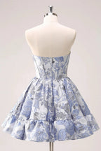 Cute Blue A Line Sweetheart Print Corset Short Homecoming Dress with Ruffles by WEDTREND