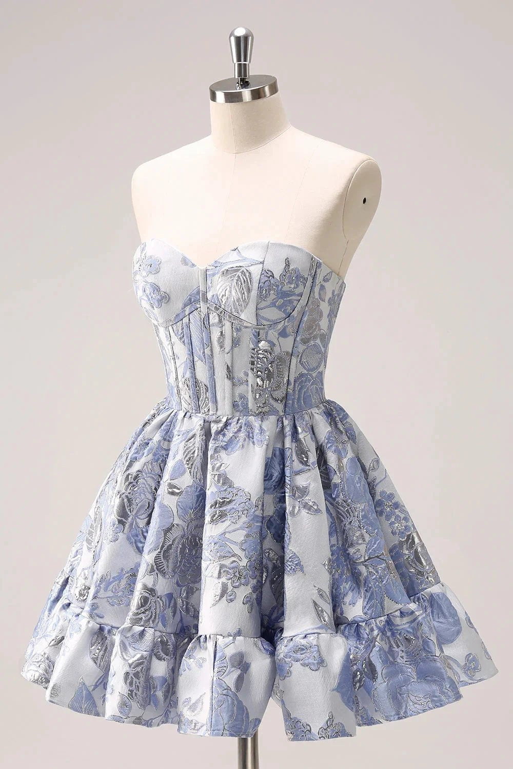 Cute Blue A Line Sweetheart Print Corset Short Homecoming Dress with Ruffles by WEDTREND