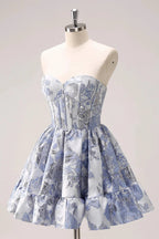 Cute Blue A Line Sweetheart Print Corset Short Homecoming Dress with Ruffles by WEDTREND