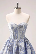 Cute Blue A Line Sweetheart Print Corset Short Homecoming Dress with Ruffles by WEDTREND