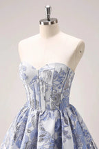 Cute Blue A Line Sweetheart Print Corset Short Homecoming Dress with Ruffles by WEDTREND