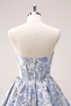 Cute Blue A Line Sweetheart Print Corset Short Homecoming Dress with Ruffles by WEDTREND