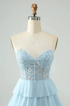 A Line Sweetheart Tiered Light Blue Short Homecoming Dress with Appliques by WEDTREND