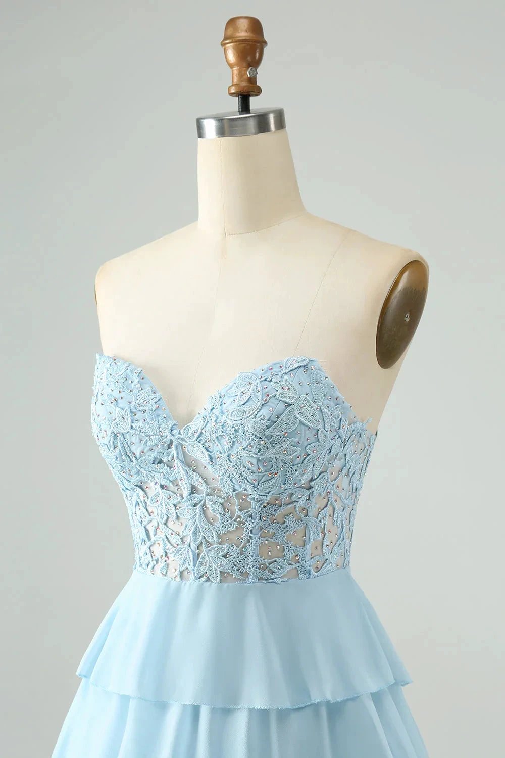 A Line Sweetheart Tiered Light Blue Short Homecoming Dress with Appliques by WEDTREND