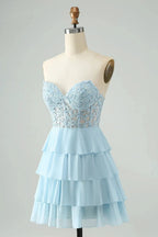 A Line Sweetheart Tiered Light Blue Short Homecoming Dress with Appliques by WEDTREND