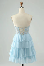 A Line Sweetheart Tiered Light Blue Short Homecoming Dress with Appliques by WEDTREND