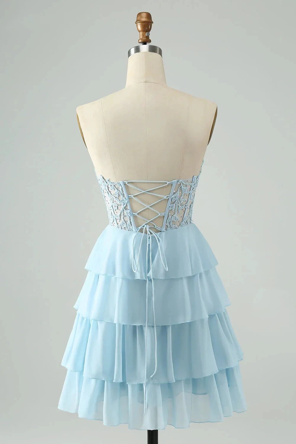 A Line Sweetheart Tiered Light Blue Short Homecoming Dress with Appliques by WEDTREND