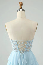 A Line Sweetheart Tiered Light Blue Short Homecoming Dress with Appliques by WEDTREND