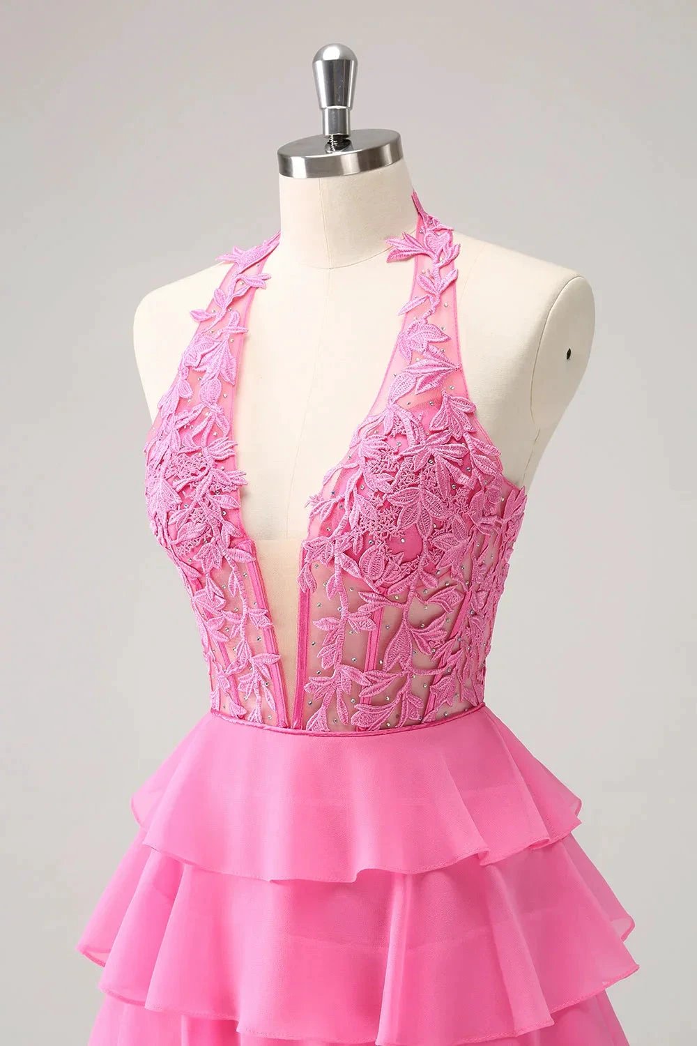 Cute Hot Pink A Line Strapless Tiered Corset Ruffle Homecoming Dress with Beading by WEDTREND