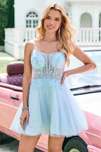 Cute A Line Spaghetti Straps Corset Short Blush Homecoming Dress with Appliques by WEDTREND