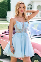 Cute A Line Spaghetti Straps Corset Short Blush Homecoming Dress with Appliques by WEDTREND