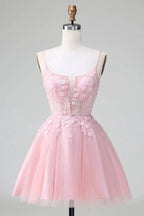 Cute A Line Spaghetti Straps Corset Short Blush Homecoming Dress with Appliques by WEDTREND