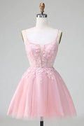 Cute Blush A Line Spaghetti Straps Corset Short Homecoming Dress with Appliques by WEDTREND
