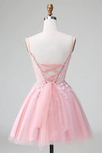 Cute Blush A Line Spaghetti Straps Corset Short Homecoming Dress with Appliques by WEDTREND