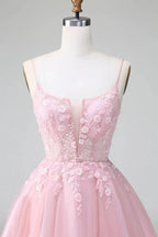 Cute A Line Spaghetti Straps Corset Short Blush Homecoming Dress with Appliques by WEDTREND