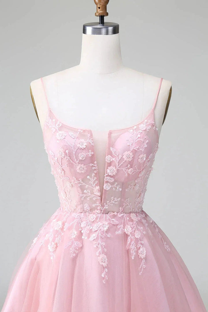 Cute Blush A Line Spaghetti Straps Corset Short Homecoming Dress with Appliques by WEDTREND