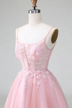 Cute A Line Spaghetti Straps Corset Short Blush Homecoming Dress with Appliques by WEDTREND