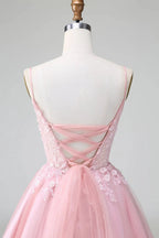 Cute A Line Spaghetti Straps Corset Short Blush Homecoming Dress with Appliques by WEDTREND