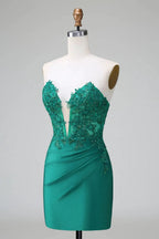 Classy Dark Green Bodycon Strapless Pleated Short Homecoming Dress with Beading by WEDTREND