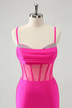 Chic Fuchsia Bodycon Pleated Corset Short Homecoming Dress with Beading by WEDTREND