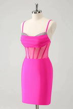 Chic Fuchsia Bodycon Pleated Corset Short Homecoming Dress with Beading by WEDTREND