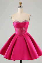 Cute Fuchsia A Line Sweetheart Corset Short Homecoming Dress with Beading by WEDTREND