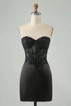 Black Bodycon Sweetheart Corset Short Homecoming Dress with Appliques by WEDTREND