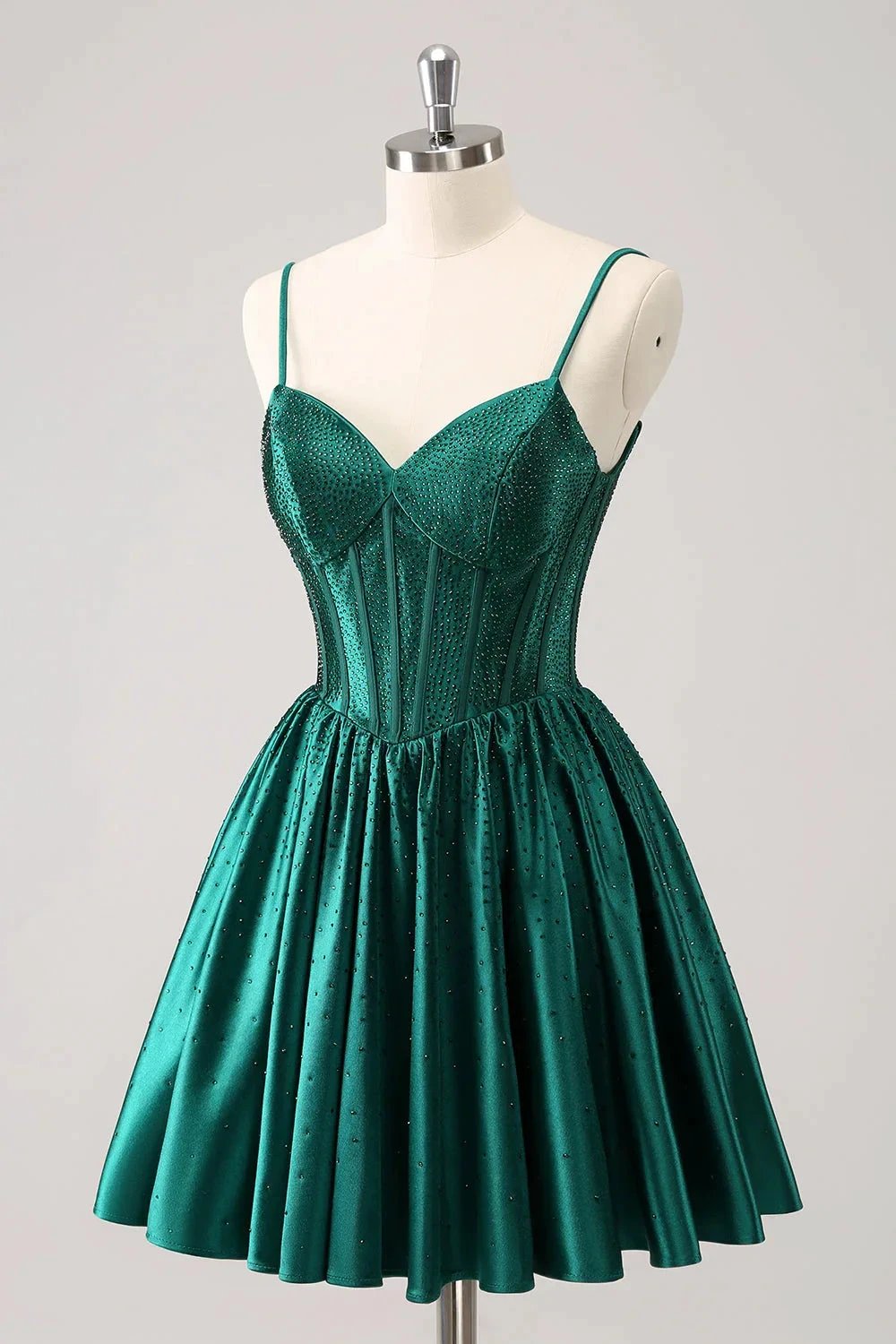 Cute Dark Green A Line Spaghetti Straps Ruffle Corset Short Homecoming Dress with Beading by WEDTREND