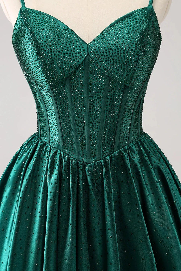Cute Dark Green A Line Spaghetti Straps Ruffle Corset Short Homecoming Dress with Beading by WEDTREND