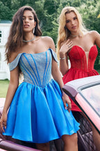 Cute Blue A Line Off The Shoulder Corset Homecoming Dress with Beading by WEDTREND
