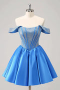 Cute Blue A Line Off The Shoulder Corset Homecoming Dress with Beading by WEDTREND