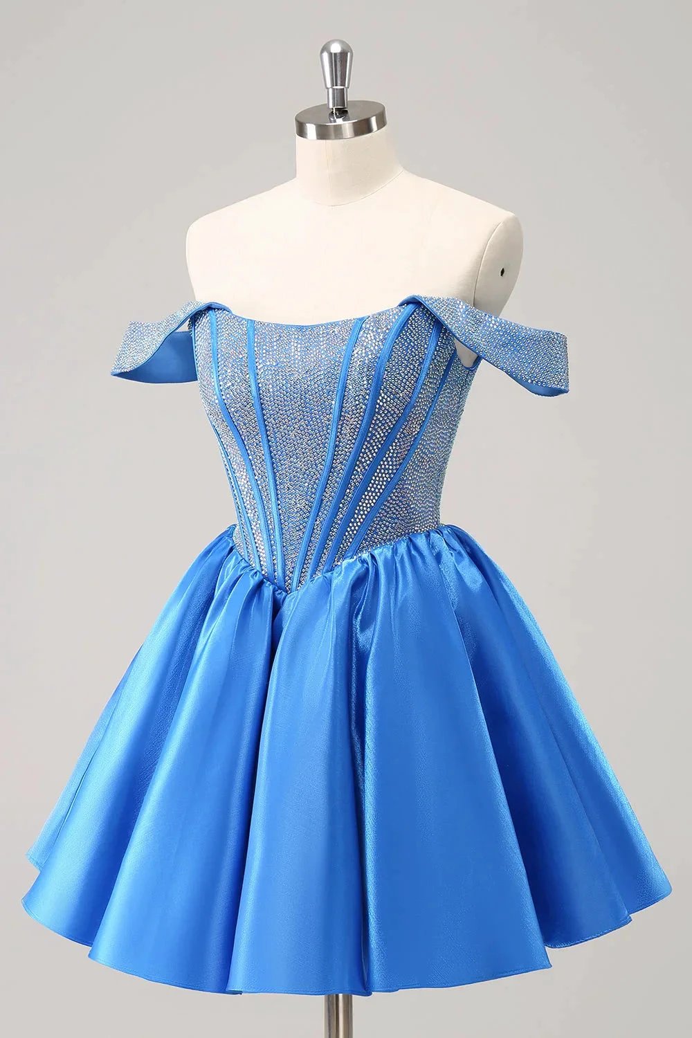 Cute Blue A Line Off The Shoulder Corset Homecoming Dress with Beading by WEDTREND