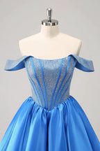 Cute Blue A Line Off The Shoulder Corset Homecoming Dress with Beading by WEDTREND